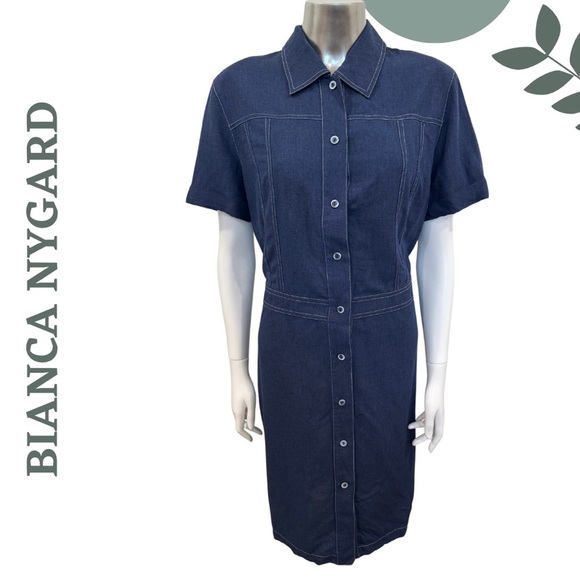 Short Sleeve Indigo Button-Up Dress by Bianca Nygard | Linen Blend | size 10 - Picture 1 of 8